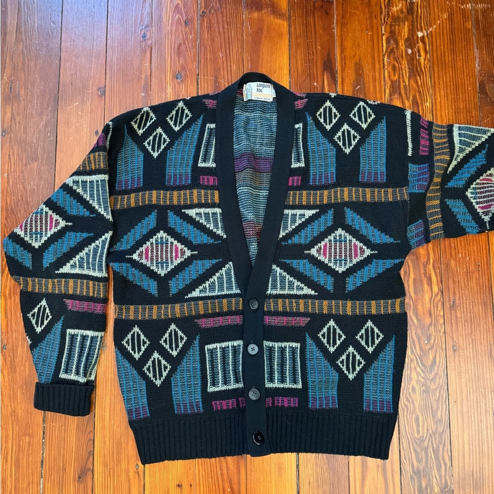 Vintage London Fog Cardigan with Geometric Accents size Large